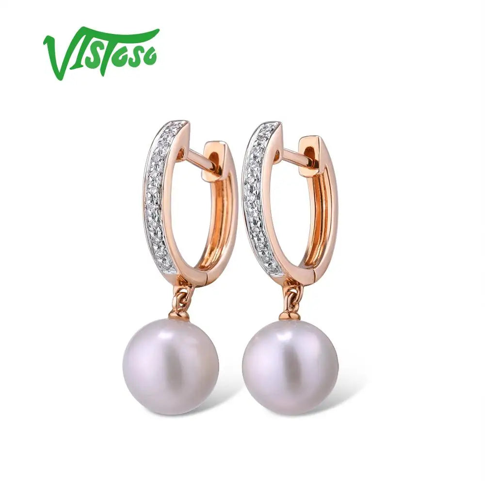 VISTOSO Pure 14K 585 Rose Gold Sparkling Diamond Elegant Fresh Water Pearl Earrings For Women Unique Trendy Wedding Fine Jewelry