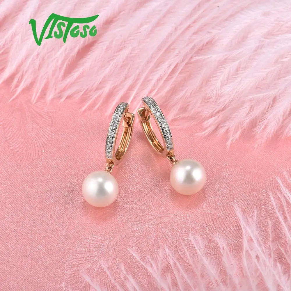 VISTOSO Pure 14K 585 Rose Gold Sparkling Diamond Elegant Fresh Water Pearl Earrings For Women Unique Trendy Wedding Fine Jewelry