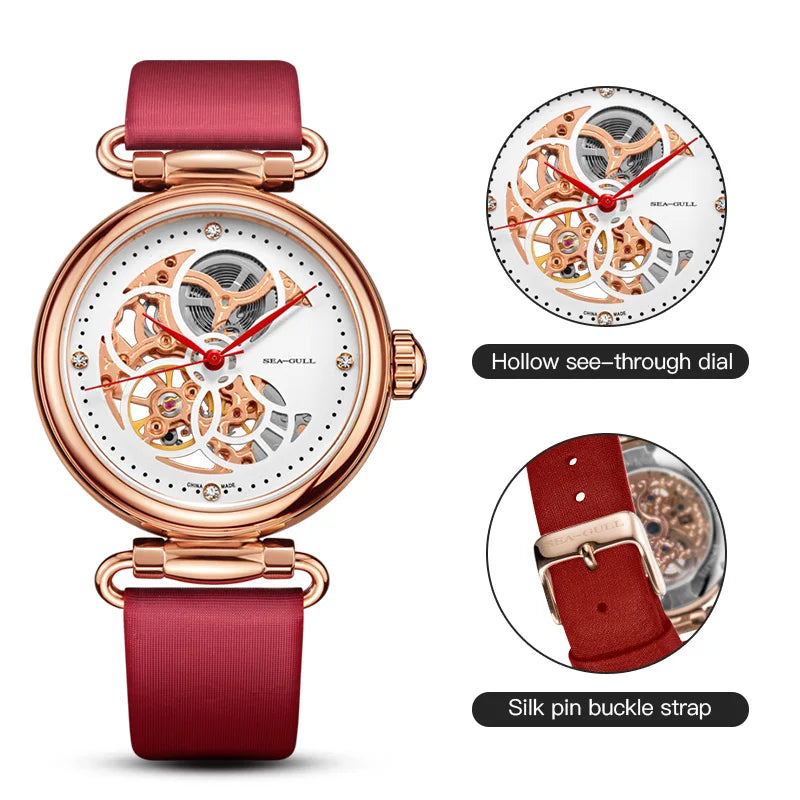 2022 Seagull Fashion Women's Watch Leather Strap Waterproof Automatic Full Hollow Mechanical For Women Watch 811.11.6002