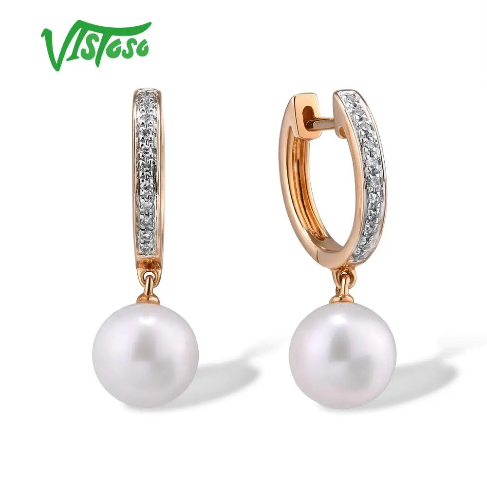 VISTOSO Pure 14K 585 Rose Gold Sparkling Diamond Elegant Fresh Water Pearl Earrings For Women Unique Trendy Wedding Fine Jewelry