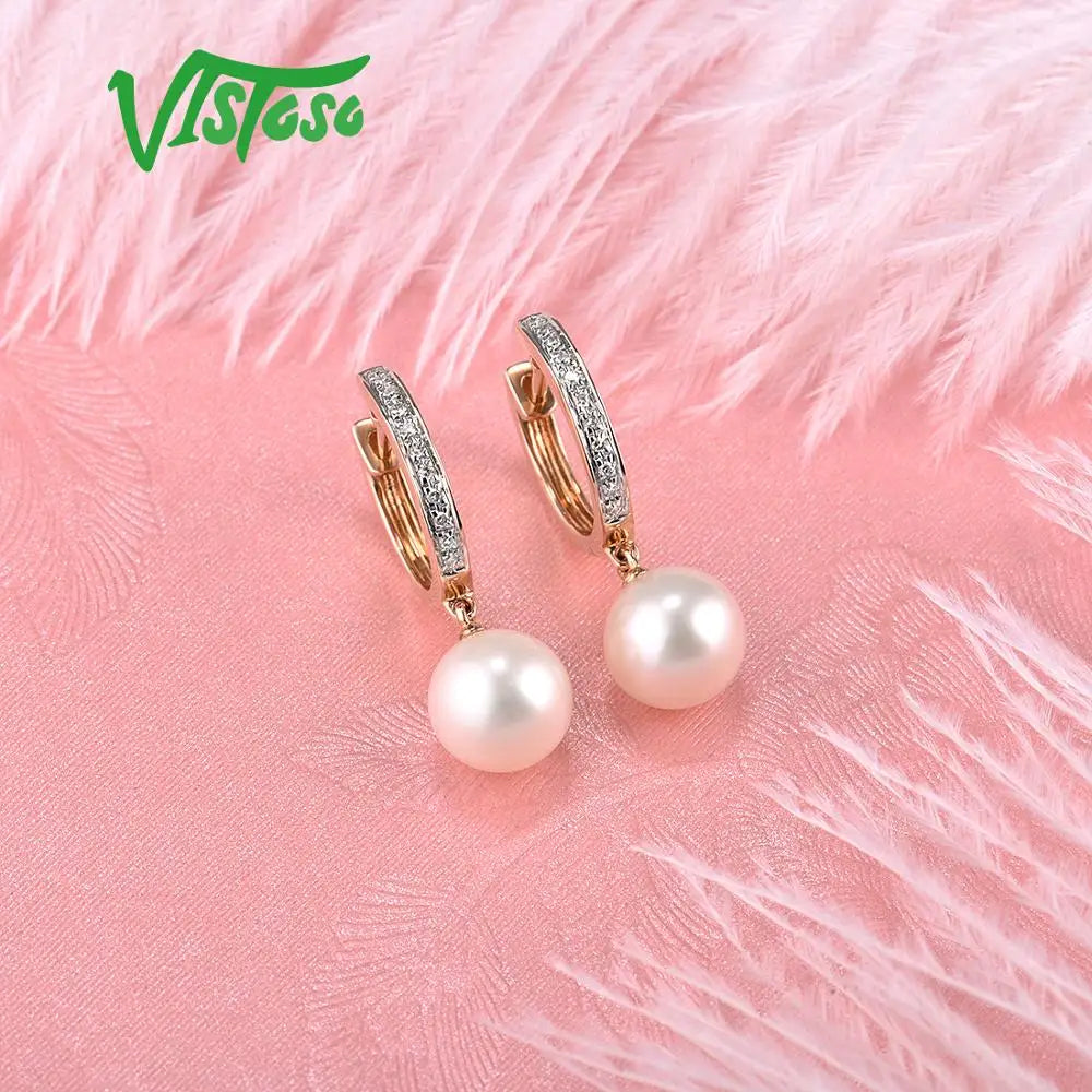 VISTOSO Pure 14K 585 Rose Gold Sparkling Diamond Elegant Fresh Water Pearl Earrings For Women Unique Trendy Wedding Fine Jewelry