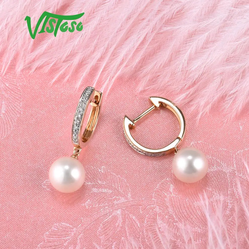 VISTOSO Pure 14K 585 Rose Gold Sparkling Diamond Elegant Fresh Water Pearl Earrings For Women Unique Trendy Wedding Fine Jewelry