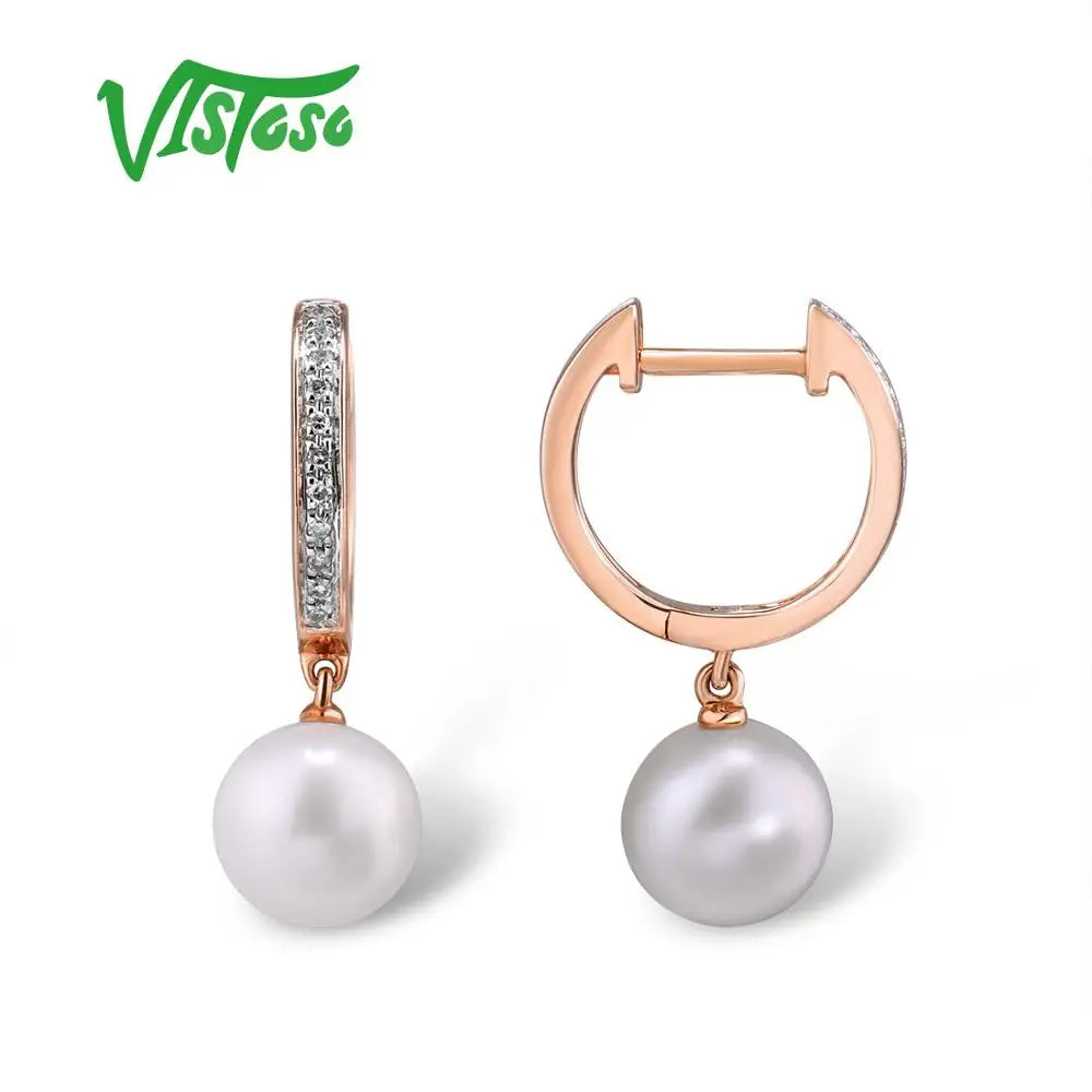 VISTOSO Pure 14K 585 Rose Gold Sparkling Diamond Elegant Fresh Water Pearl Earrings For Women Unique Trendy Wedding Fine Jewelry