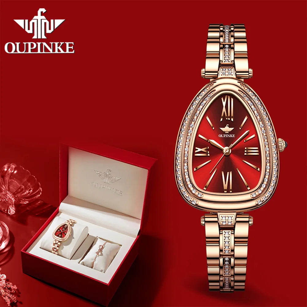 OUPINKE Watch for Women Swiss Movement Luxury Diamond Sapphire Mirror Watperoof Original Elegant Dress Ladies Wrist Watch Set