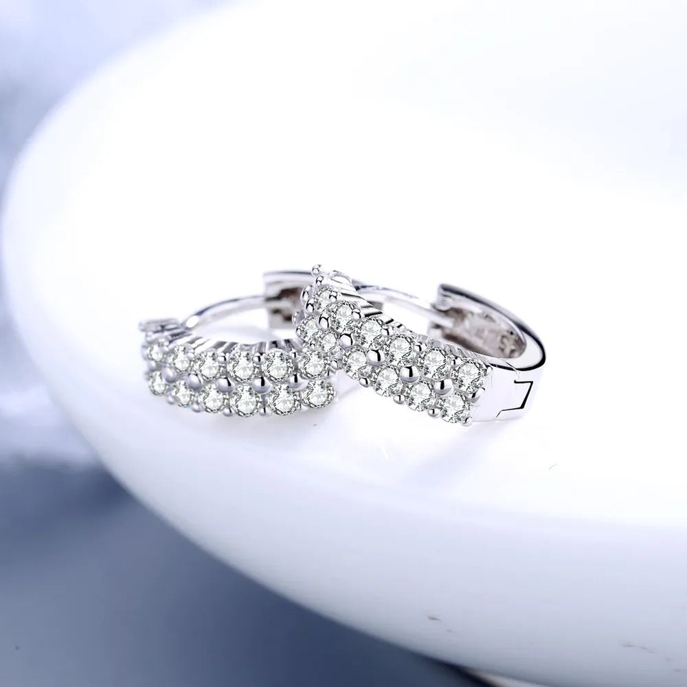 URMYLADY 925 Sterling silver needle Earrings Fashion High Quality Jewelry Double Row Crystal Zircon Round Stud