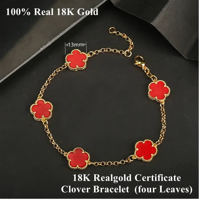 Classic Brand 13mm Real 18K Gold Clover Bracelet Women Natural Gemstone Festival Gift Exquisite High Quality Jewelry Set AU750