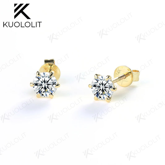 Kuolit 18 K 14 K 10 K Gelbgold, rund 4,8 mm 4 mm Moissanit, Schraubverschluss, Ohrstecker für Frauen, Brillantschliff, D VVS, Solitär, 6 Zinken