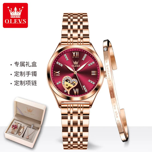 OLEVS NEW In Automatic Watch for Women Diamond Love Dial Stainless Steel Leather Strap Luxury Top Brand Bracelet Watch Set Gift