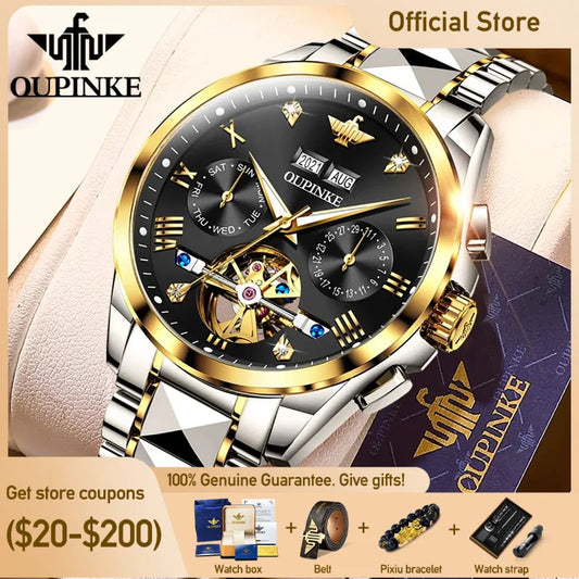 OUPINKE Top Brand Men's Watches Luxury Sapphire Automatic Mechanical Watch for Man Tungsten Steel Tourbillon Wristwath Calendar