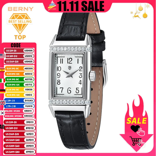 BERNY Square Diamond Watch for Women Classic Rectangular Fashion Luxury Quartz Wristwatch Leather Strap Exquisite Ladies Watches