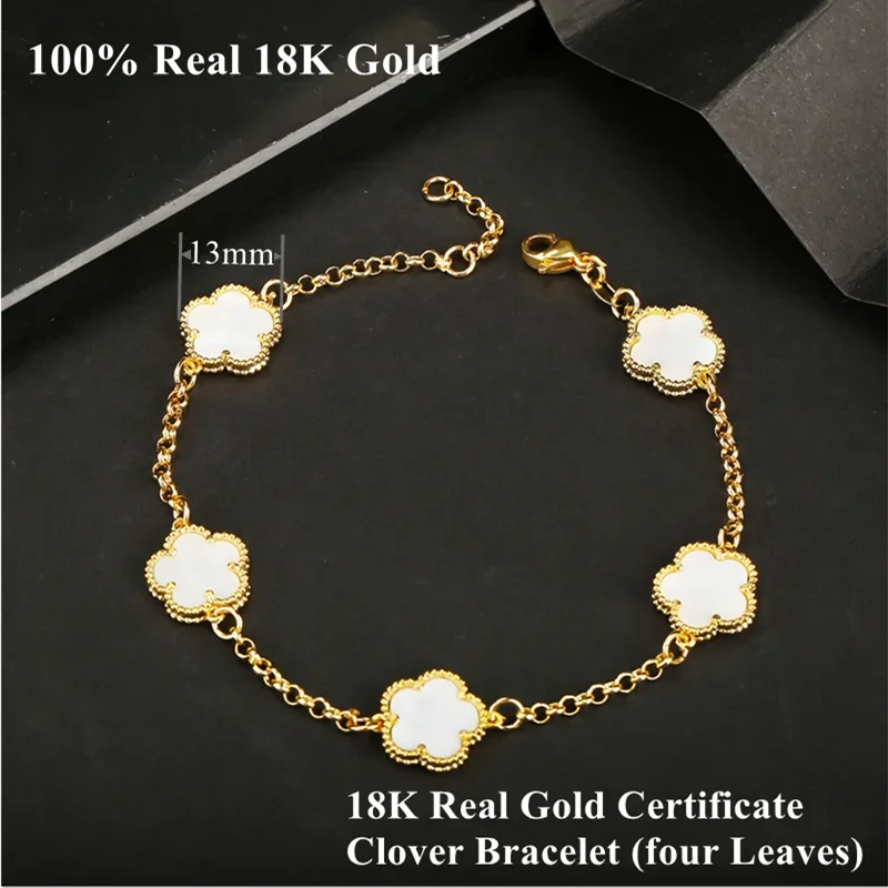 Classic Brand 13mm Real 18K Gold Clover Bracelet Women Natural Gemstone Festival Gift Exquisite High Quality Jewelry Set AU750