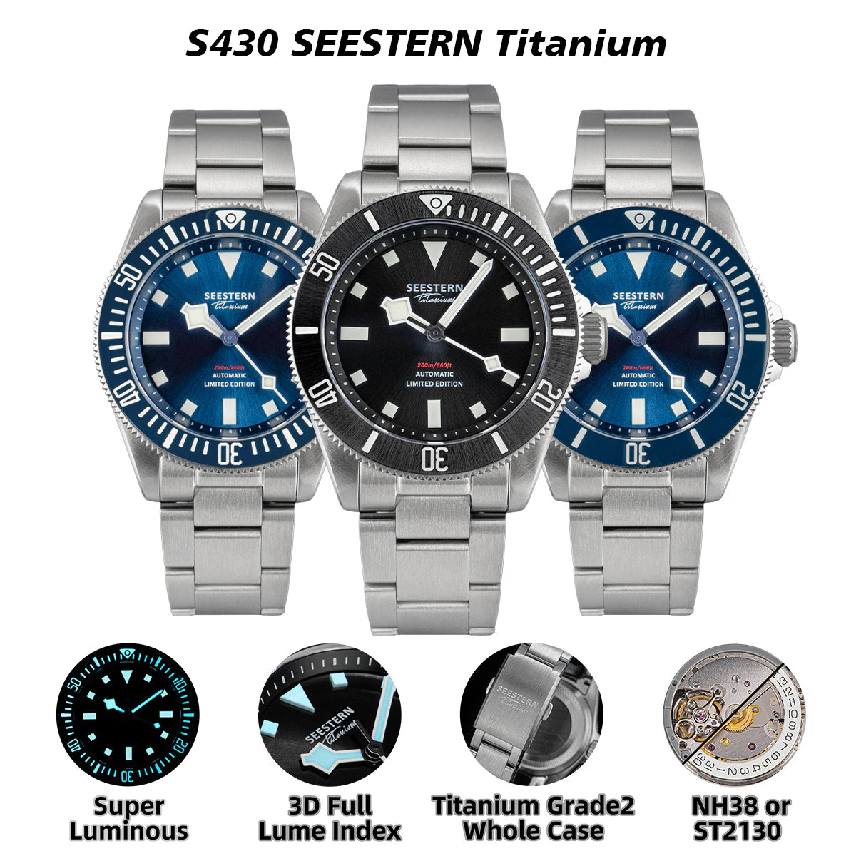 2023 New Titanium Grade 2 Men Watch Automatic NH38 Movement 200M Dive Wristwatches Sapphire Crystal BGW9 SUPER Luminous SEESTERN